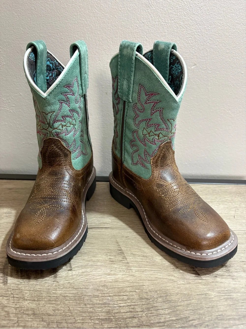 MINT! Boy's DAN POST Green & Brown Leather SQUARE Toe WESTERN CowboyRODEO BOOTS